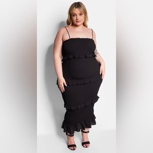 Rebdolls After Party Smocked Layered Ruffled Midi Bodycon Dress